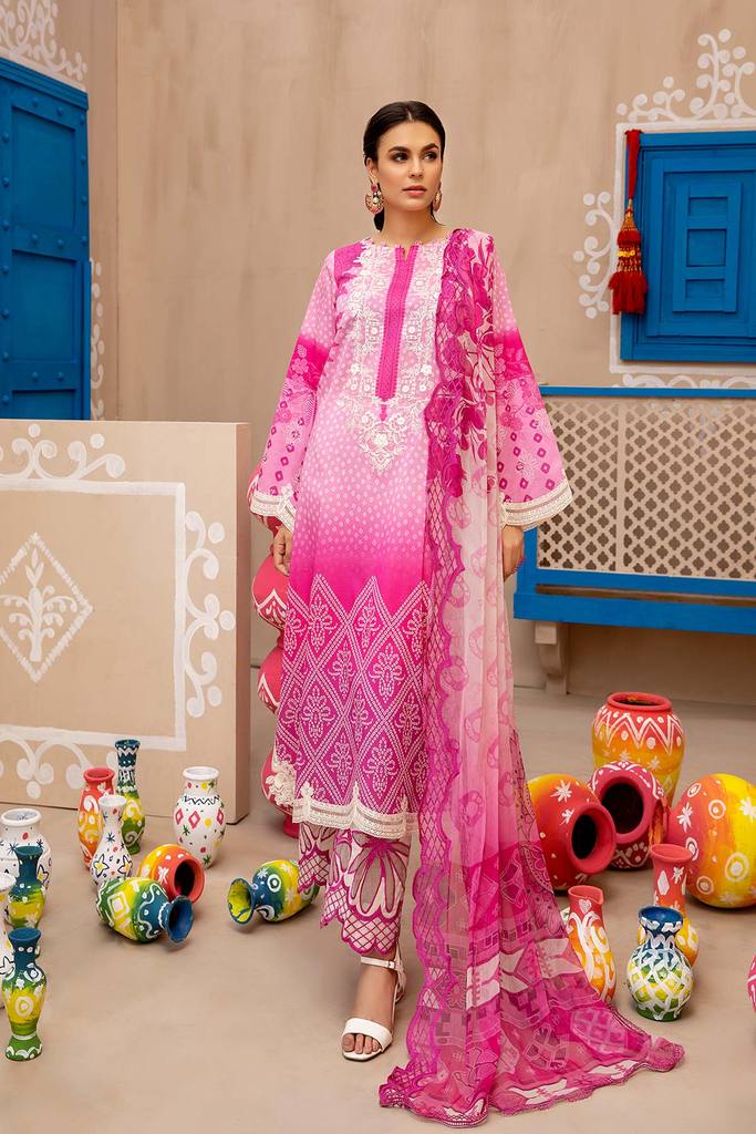 3-piece Unstitched Embroidered Lawn With Chiffon Dupatta CHN-06